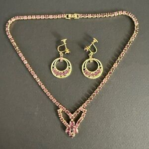 Vintage Purple Rhinestone Necklace & Screw-Back Earrings Set – Gold Tone